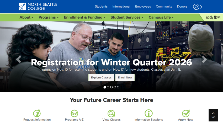 North Seattle College homepage with registration info for Winter Quarter 2026 and navigation links for programs, enrollment, and student services