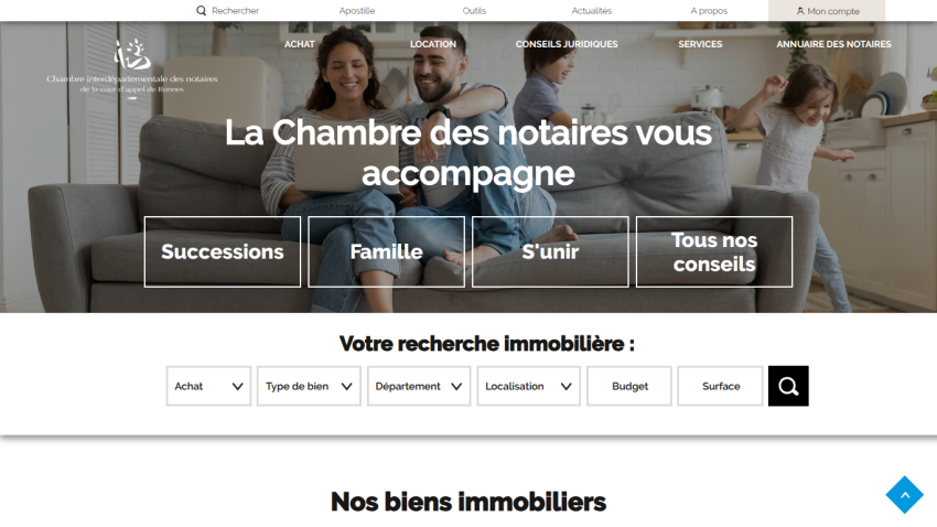 Homepage of the Chambre des notaires with navigation, hero image, and real estate search filters.