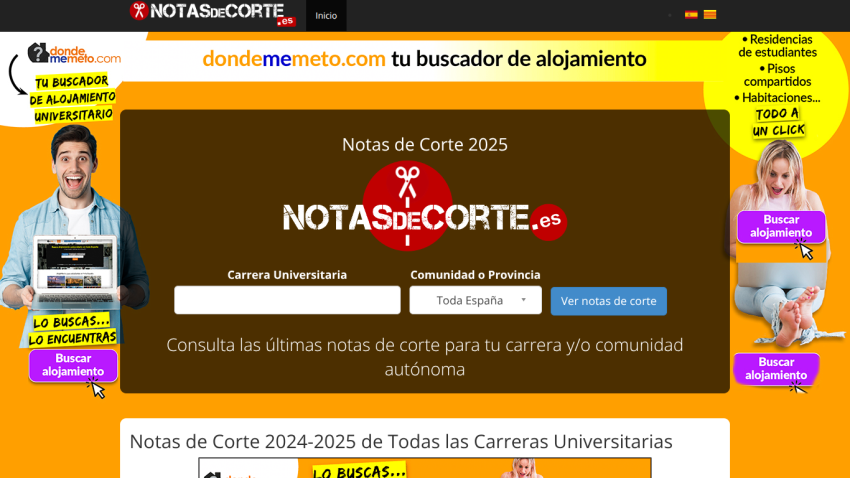 Notas de Corte 2025 homepage with university course and region search for admission scores and accommodation search links