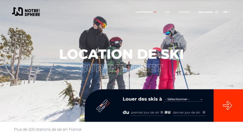Ski rental website homepage with family in ski gear on snowy mountain and rental date selection form