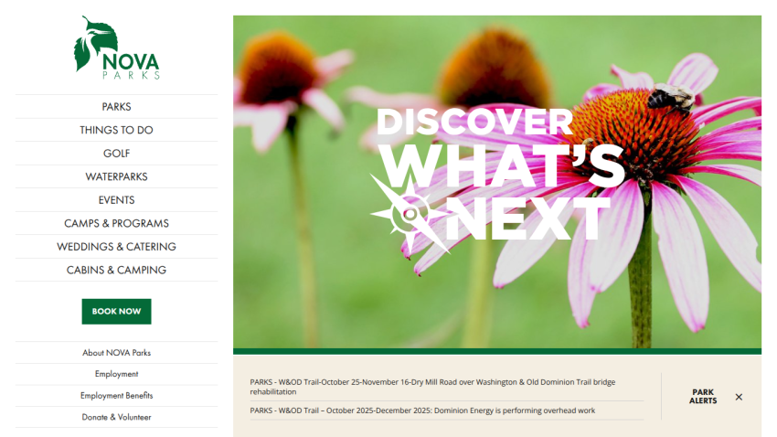 Nova Parks website homepage with navigation menu and hero image promoting discovery of upcoming events