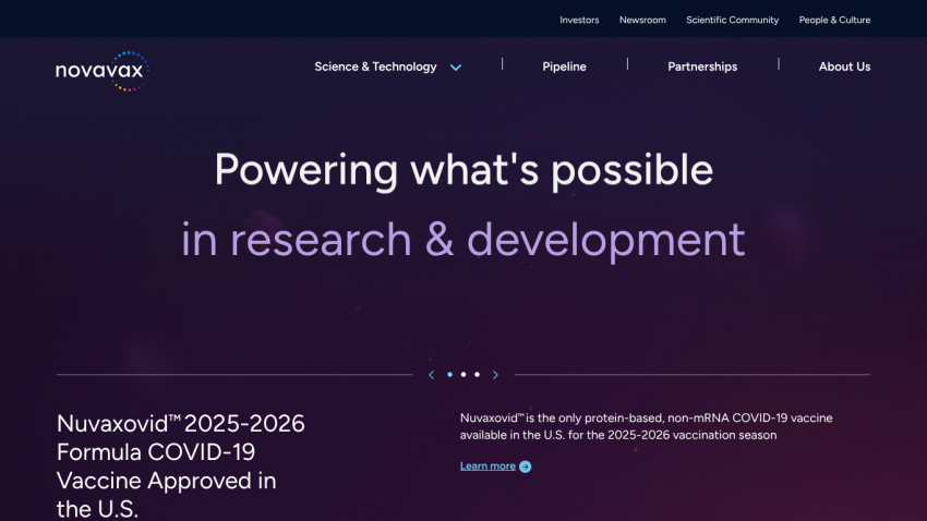 Homepage of Novavax highlighting research and development in COVID-19 vaccine.
