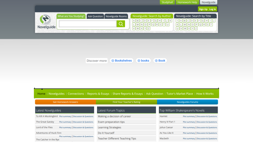 Novelguide homepage with search by author or title, navigation links, and latest novel guides and forum topics