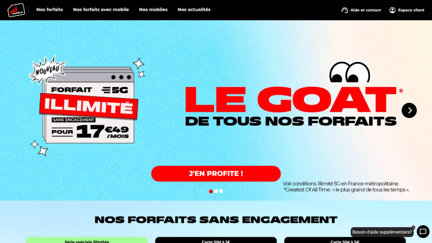 Promotional banner for unlimited mobile plans starting at 17.90€ with a call to action button