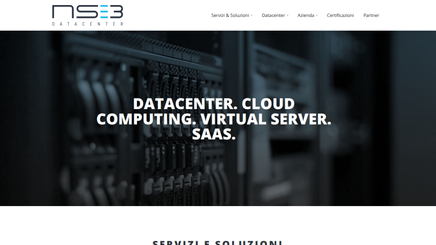 Website hero section with headline about datacenter, cloud computing, virtual server, and SaaS services