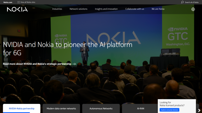 Nokia homepage highlighting NVIDIA and Nokia partnership to pioneer AI platform for 6G with navigation links and call to action