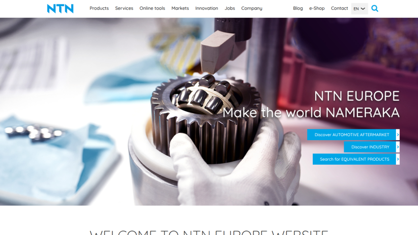 NTN Europe homepage featuring a gear and text promoting their services.