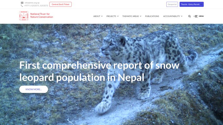 National Trust for Nature Conservation homepage with snow leopard report headline and navigation menu