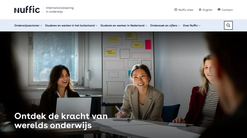 Homepage featuring three women in a meeting discussing education empowerment.