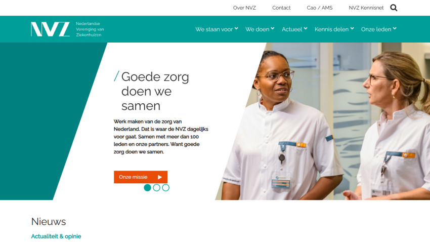 NVZ website hero with mission statement about good healthcare in the Netherlands and image of two healthcare professionals
