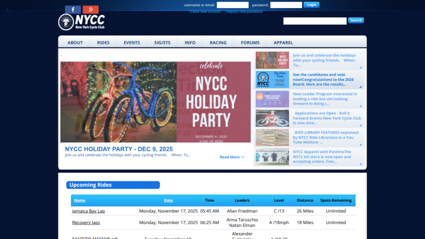New York Cycle Club homepage with navigation, login, holiday party announcement, and upcoming rides list