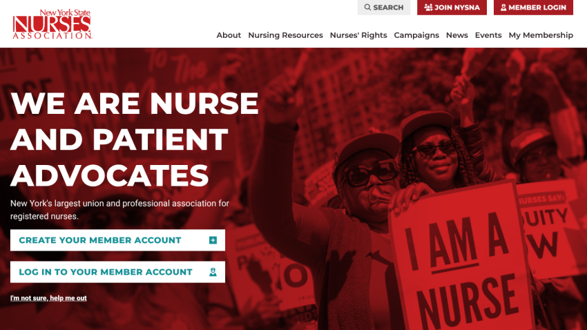 New York State Nurses Association homepage with advocacy message and member account options