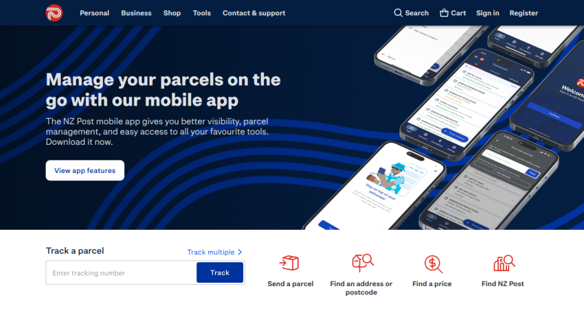 Homepage of the NZ Post mobile app showcasing features and tracking options.