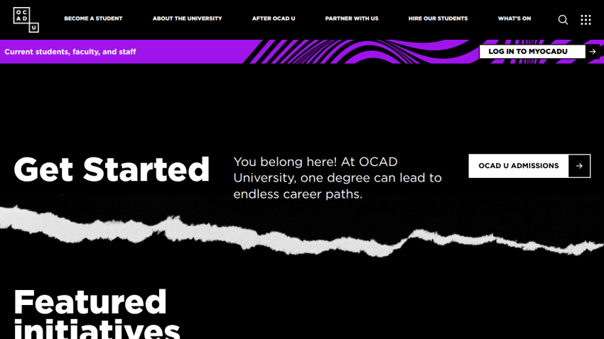 OCAD University homepage featuring 'Get Started' and career path information.
