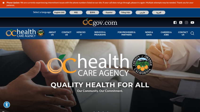 Orange County Health Care Agency website with navigation and slogan Quality Health for All