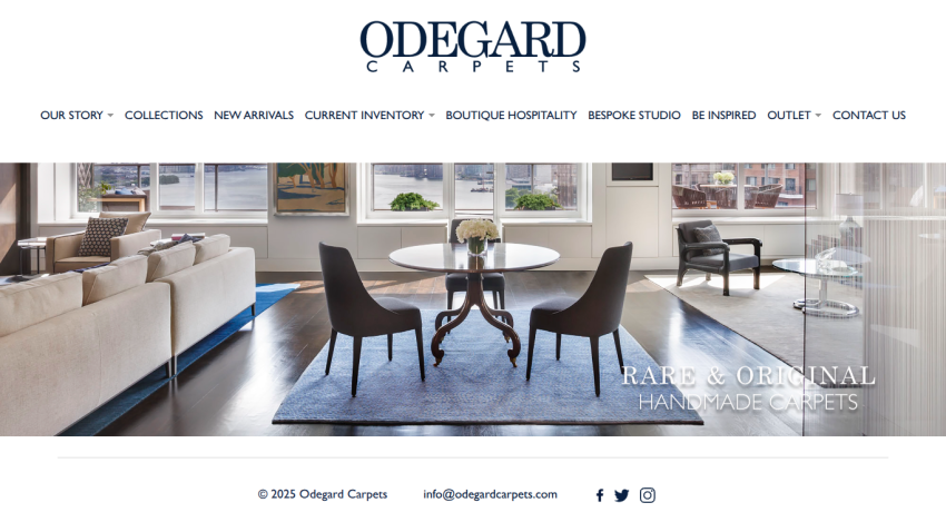 Odegard Carpets website with navigation menu and hero image of a modern living room featuring handmade carpets