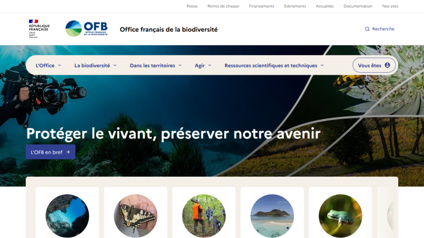 French Office for Biodiversity homepage with navigation and hero banner stating 'Protect living things, preserve our future'.