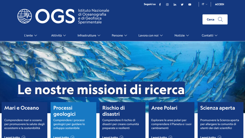 OGS website homepage with research mission categories: Sea and Ocean, Geological Processes, Geohazard Risk, Polar Areas, and Space Science