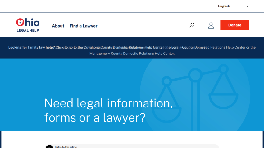 Ohio Legal Help homepage offering legal information, forms, and lawyer finder with navigation and donation button