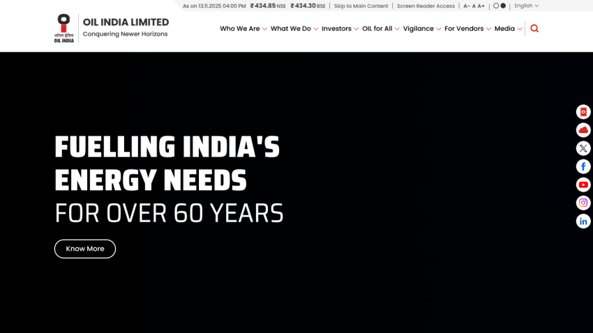 Oil India Limited homepage with headline 'Fuelling India's Energy Needs for Over 60 Years' and a 'Know More' button
