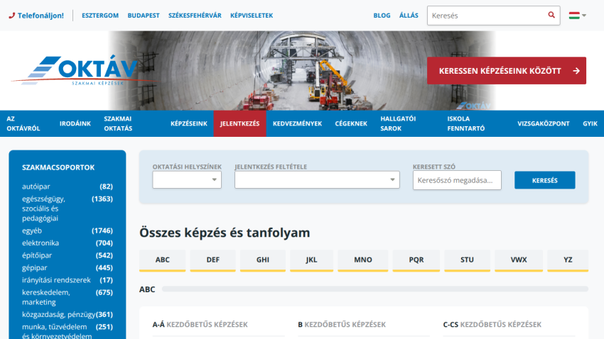 Oktáv vocational training site with navigation, search filters, and course listings under a tunnel construction hero image