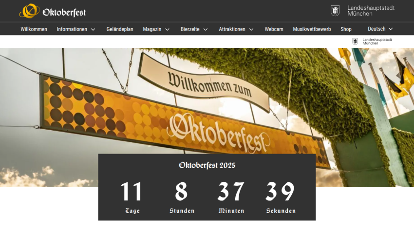 Oktoberfest 2023 countdown with days, hours, minutes, and seconds displayed.