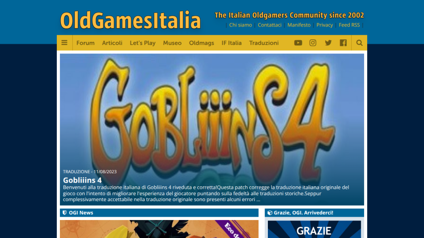 OldGamesItalia homepage featuring a large Gobliiins 4 translation patch announcement with navigation menu and social icons