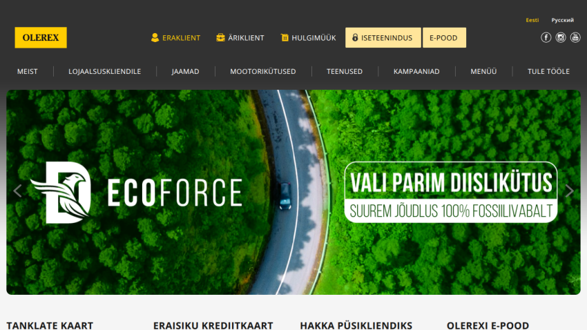Olerex website with navigation menu and hero banner promoting ECOFORCE diesel fuel with 100% fossil-free power