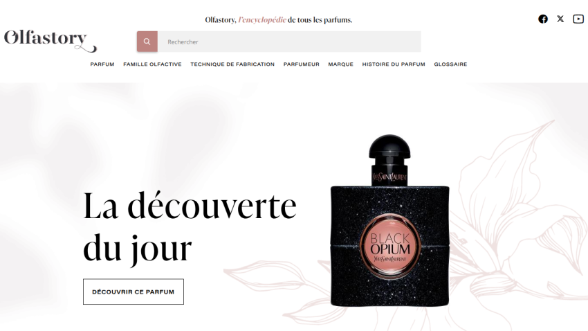 Perfume website homepage featuring Yves Saint Laurent Black Opium as discovery of the day with navigation and search bar
