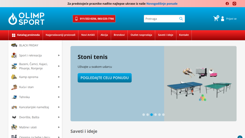 Olimp Sport homepage with navigation menu, contact info, search bar, and table tennis promotion