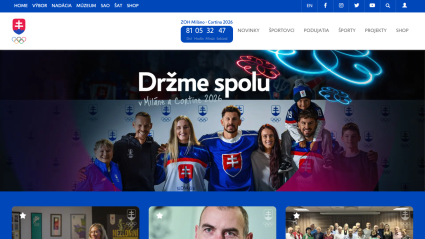 Slovak Olympic team website with countdown to Milan-Cortina 2026 and group photo of athletes
