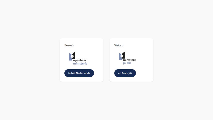 Language selection page offering Dutch and French options for the public ministry website