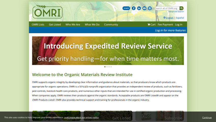 OMRI homepage with navigation, search, and hero banner introducing expedited review service for organic materials