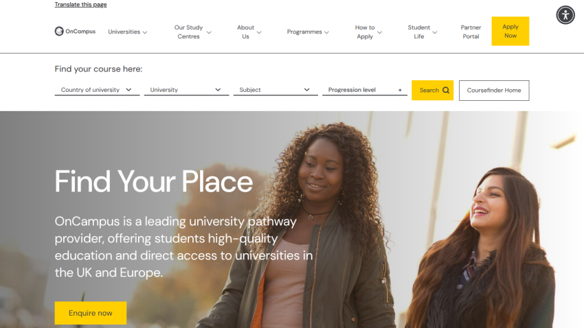 OnCampus homepage with navigation, course search filters, and hero section promoting university pathways in the UK and Europe