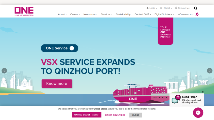 Announcement of VSX service expansion to Qinzhou Port with a ship illustration.