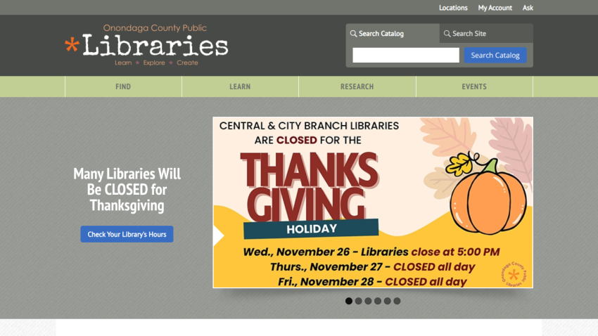 Onondaga County Public Libraries homepage with Thanksgiving closure notice and library hours button