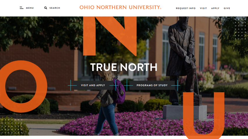Ohio Northern University homepage featuring 'True North' and navigation options.