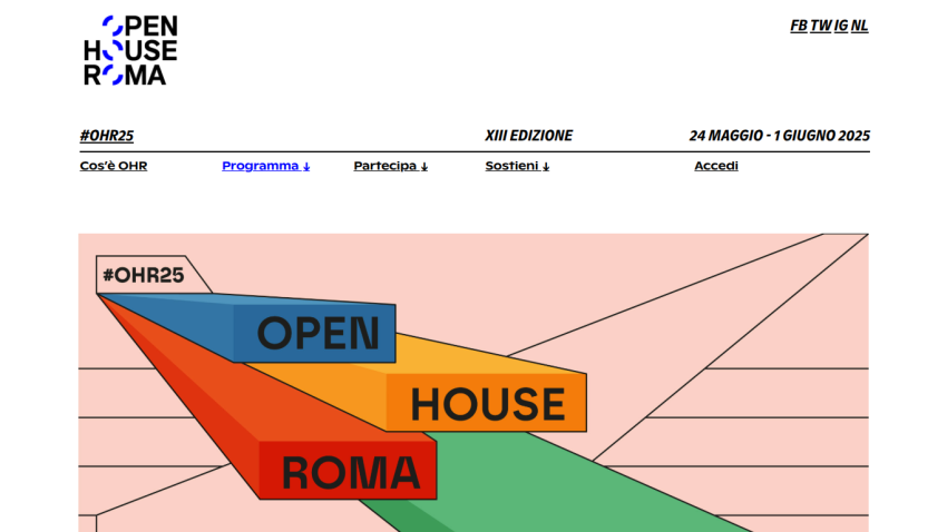 Open House Roma event XIII edition from May 24 to June 1, 2025, with navigation links and social media icons