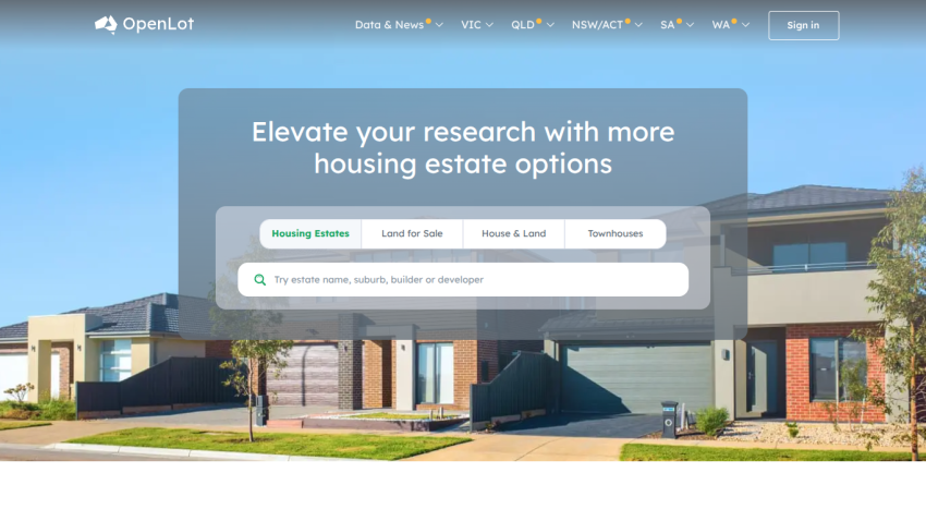 OpenLot homepage with navigation and search for housing estates, land for sale, house & land, and townhouses