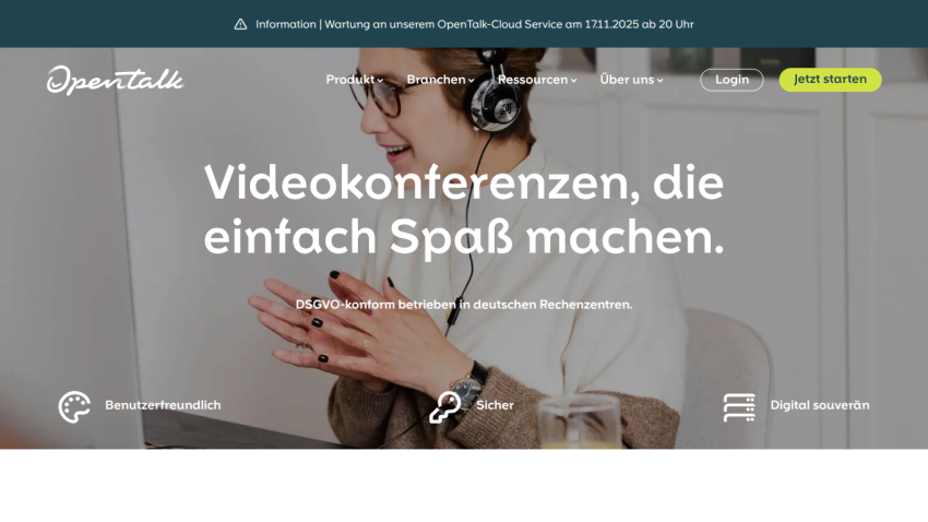 Opentalk homepage with navigation and headline about enjoyable video conferences, emphasizing user-friendliness, security, and digital sovereignty.