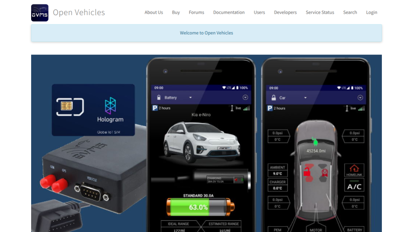 Open Vehicles homepage showing navigation menu and hero section with vehicle monitoring app on smartphones and IoT SIM device
