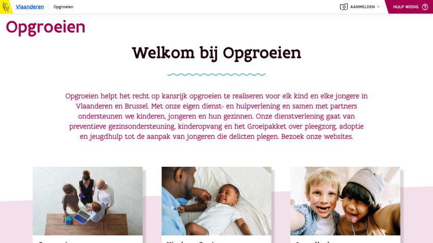 Opgroeien homepage welcoming visitors and describing support for children and youth in Flanders and Brussels