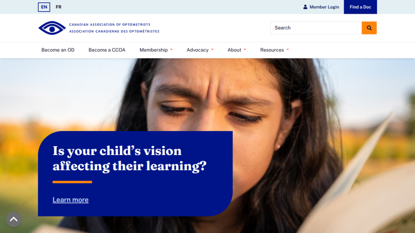 Canadian Association of Optometrists homepage with navigation and a child reading, asking if child's vision affects learning