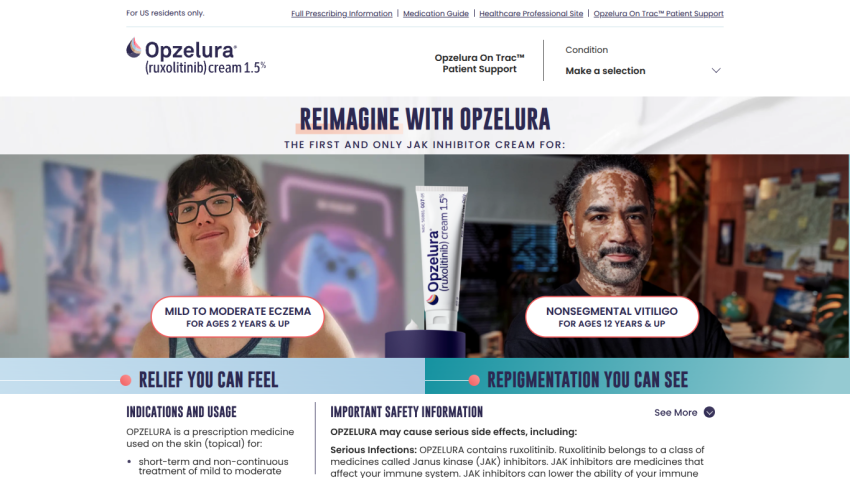 Opzelura topical cream ad with headline, usage info, and images of people applying the product