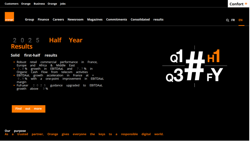 Half Year Results summary with key financial metrics and a call to action button.