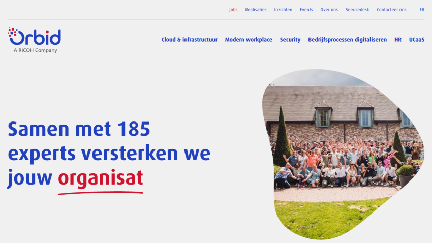 Orbid company homepage with navigation links and hero text about strengthening organizations with 185 experts