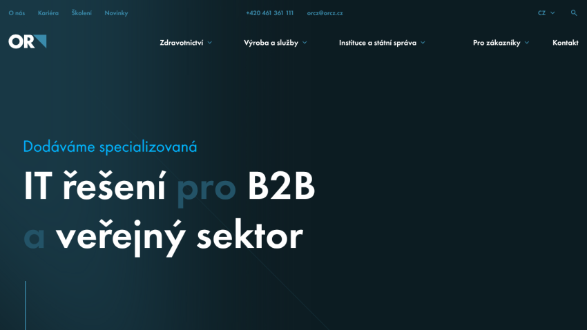 IT solutions for B2B and public sector with navigation links and contact info in Czech.