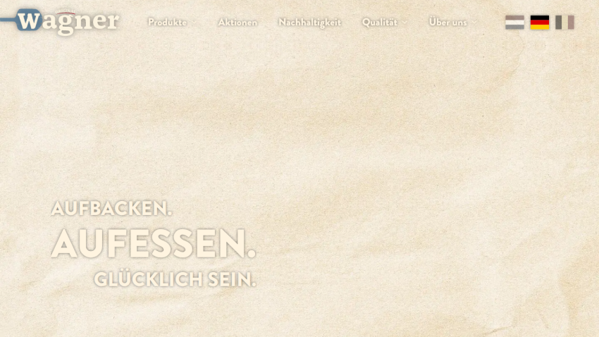 Wagner pizza website with navigation menu and slogan about baking and eating happily