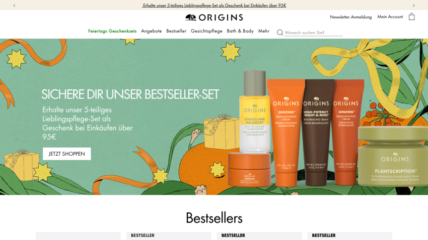 Origins skincare bestseller set promotion with 5-piece gift on purchases over 95€ and navigation menu