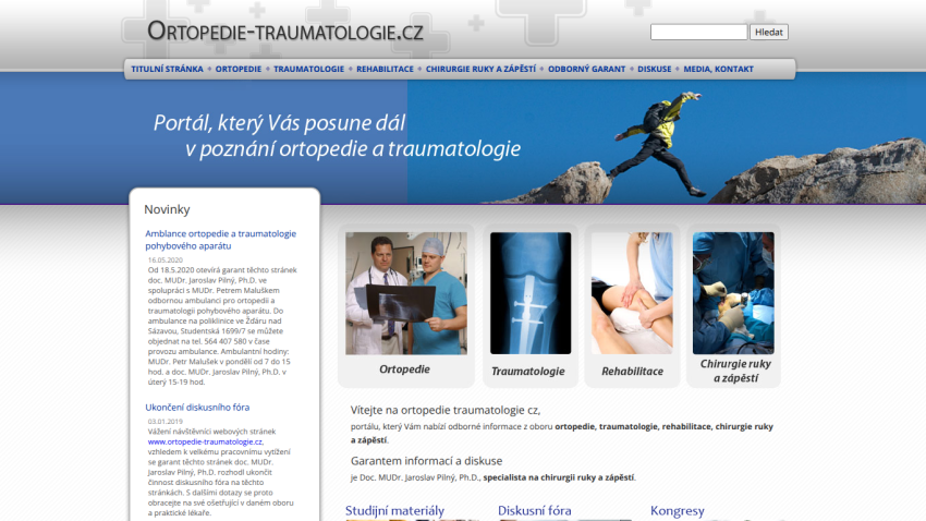 Orthopedics and traumatology portal with navigation menu, hero image of person jumping between rocks, and sections on orthopedics, traumatology, rehabilitation, and hand surgery.